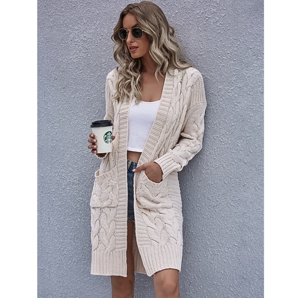 Rouge! Sweaters - Cream Cable Knit Front Pocket Long Cardigan